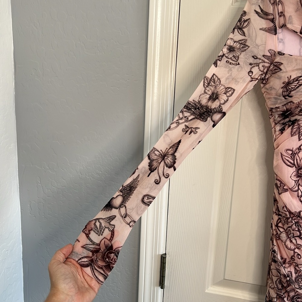 PINKO Slim Fit Tattoo Print Midi Dress ruched mesh long sleeve pink black small - Picture 6 of 13